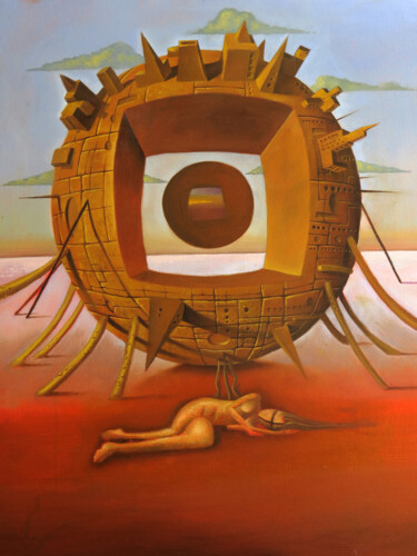 Painting titled "Battery of dreams" by Ruben Cukier, Original Artwork, Oil Mounted on Wood Stretcher frame