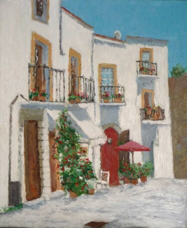 제목이 "Una calle de Ibiza…"인 미술작품 Rubén De Luis로, 원작, 기름 나무 들것 프레임에 장착됨