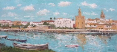 Painting titled "Paisaje de Sevilla,…" by Rubén De Luis, Original Artwork, Oil Mounted on Other rigid panel