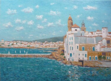 Painting titled "Sitges, cuadro al o…" by Rubén De Luis, Original Artwork, Oil Mounted on Wood Stretcher frame