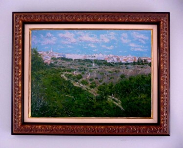 Painting titled "Paisaje de Madrid" by Rubén De Luis, Original Artwork, Oil Mounted on Wood Stretcher frame