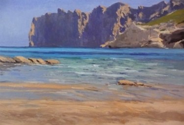 Painting titled "CALA SAN VICENTE, M…" by Rubén De Luis, Original Artwork, Oil Mounted on Wood Stretcher frame