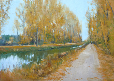 Schilderij getiteld "El canal de Castilla" door Rubén De Luis, Origineel Kunstwerk, Olie