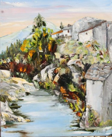 Peinture intitulée "Rivière au PONT de…" par Françoise Pascal, Œuvre d'art originale, Huile