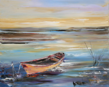 Painting titled "BARQUE sur L'ETANG" by Françoise Pascal, Original Artwork, Oil