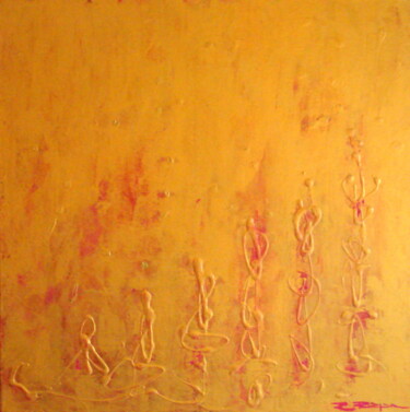 Schilderij getiteld "Golden Script" door Rubina Rajan, Origineel Kunstwerk, Acryl Gemonteerd op Frame voor houten brancard
