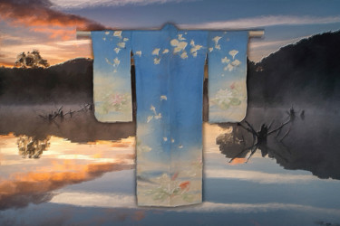 Vintage Traditional Japanese Geisha Kimono Mountains Water Painting titled "Vintage Traditional…" by Tony Rubino, Original Art, Acrylic Mounted on Stretcher frame