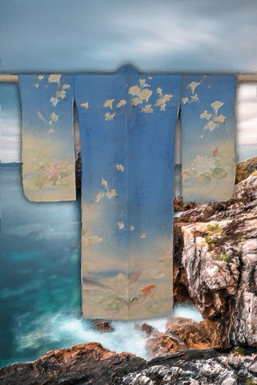 Vintage Traditional Japanese Geisha Kimono Cliff Ocean Painting titled "Vintage Traditional…" by Tony Rubino, Original Art, Acrylic Mounted on Stretcher frame