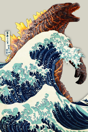 Rubino Godzilla Red Gold Great Wave Japan Japanese Peinture intitulée "Rubino Godzilla Red…" par Tony Rubino, Œuvre d'art originale, Acrylique Monté sur Châssis
