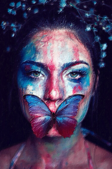 Woman Colorful Butterfly Malerei mit dem Titel "Woman Colorful Butt…" von Tony Rubino, Original-Kunstwerk, Acryl Auf Gestell montiert