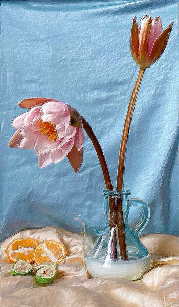 Pink Flower Vase Still Life With Blue Background Peinture intitulée "Pink Flower Vase St…" par Tony Rubino, Œuvre d'art originale, Acrylique Monté sur Châssis