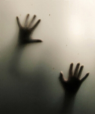 Hands Pressed Against Window Glass Frosted Painting Peinture intitulée "Hands Pressed Again…" par Tony Rubino, Œuvre d'art originale, Acrylique Monté sur Châssis