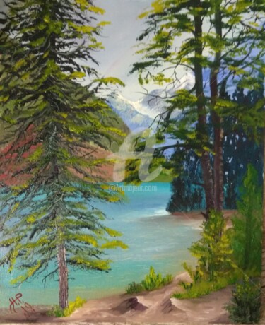 Painting titled "Озеро в горах" by Natalia Rudenko, Original Artwork, Oil