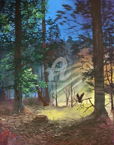 Schilderij getiteld "Лесной рассвет" door Natalia Rudenko, Origineel Kunstwerk, Olie