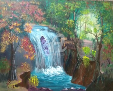 Painting titled "Водопад в лесу" by Natalia Rudenko, Original Artwork, Oil