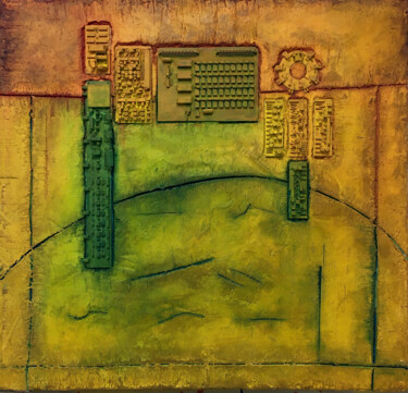 Malerei mit dem Titel "Gelb Grün, Struktur…" von Rudi Eckerle, Original-Kunstwerk, Pigmente