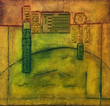 Painting titled "Gelb Grün, Struktur…" by Rudi Eckerle, Original Artwork, Pigments