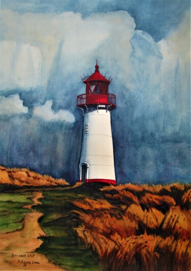 Malerei mit dem Titel "Leuchtturm List-Wes…" von Rüdiger Eggers, Original-Kunstwerk, Aquarell