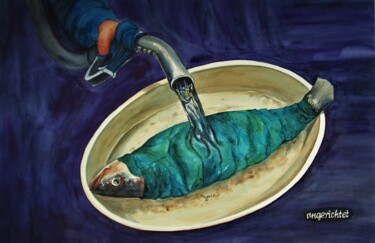 Malerei mit dem Titel "Fischsterben 2" von Rüdiger Eggers, Original-Kunstwerk, Aquarell