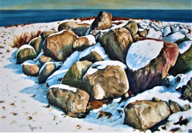 Malerei mit dem Titel "Steine im Schnee" von Rüdiger Eggers, Original-Kunstwerk, Aquarell