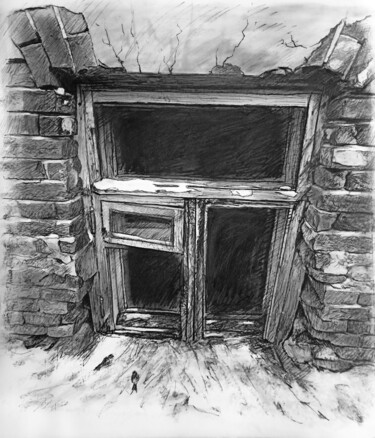 Картина под названием "Старые дворы 17" - Mikhail Rudnik, Подлинное произведение искусства, Древесный уголь