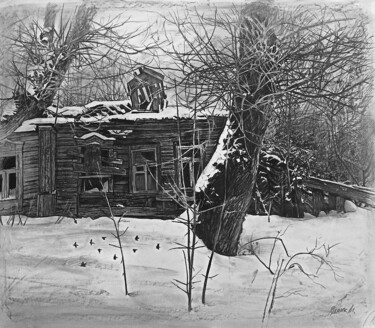 Картина под названием "Старые дворы 22" - Mikhail Rudnik, Подлинное произведение искусства, Древесный уголь
