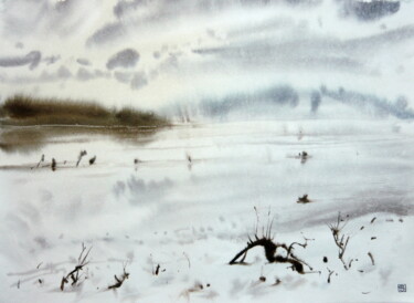 Pintura intitulada "Winter on the lake" por Rudolf Suran, Obras de arte originais, Aquarela