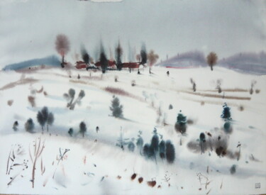 Schilderij getiteld "On the hill." door Rudolf Suran, Origineel Kunstwerk, Aquarel