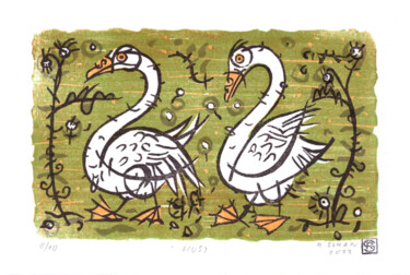 Druckgrafik mit dem Titel "Geese" von Rudolf Suran, Original-Kunstwerk, Holzschnitt
