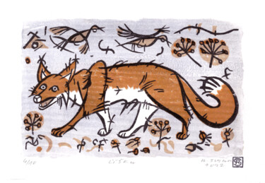 Druckgrafik mit dem Titel "Fox" von Rudolf Suran, Original-Kunstwerk, Holzschnitt