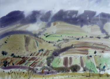 Painting titled "Fields in a mountai…" by Rudolf Suran, Original Artwork, Watercolor