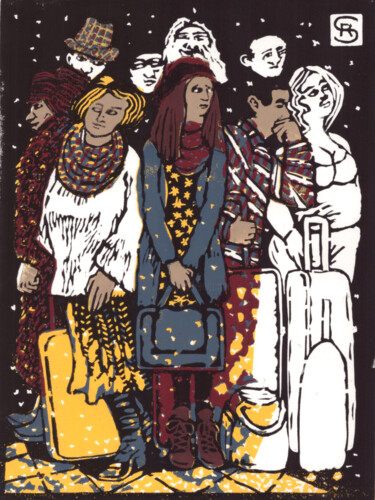 Отпечатки и Гравюры под названием "On the train." - Rudolf Suran, Подлинное произведение искусства, Линогравюры