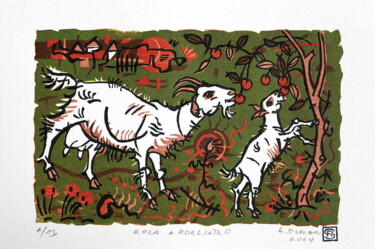 Printmaking titled "Spring. (Goat and k…" by Rudolf Suran, Original Artwork, Xylography