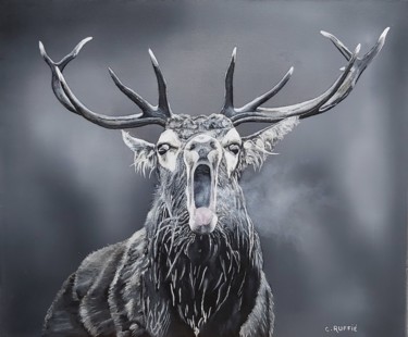 Painting titled "Cerf au brame" by Christian Ruffie, Original Artwork, Oil