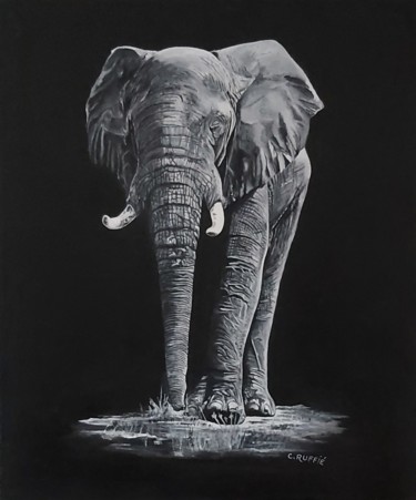 Painting titled "Eléphant" by Christian Ruffie, Original Artwork, Oil