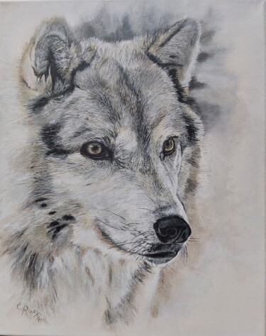 Painting titled "Loup gris" by Christian Ruffie, Original Artwork, Acrylic