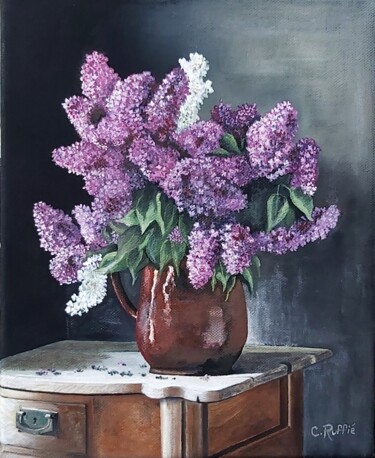 Painting titled "Lilas" by Christian Ruffie, Original Artwork, Oil Mounted on Wood Stretcher frame
