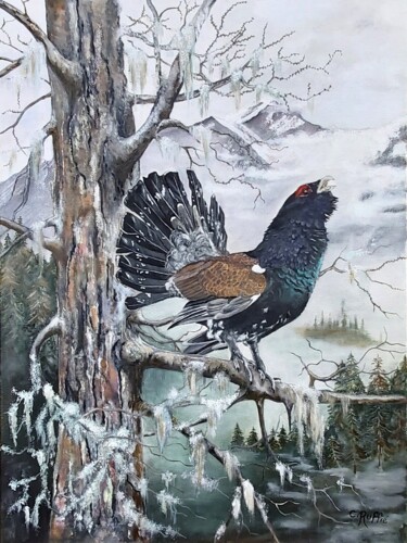 Painting titled "Grand coq de bruyère" by Christian Ruffie, Original Artwork, Oil