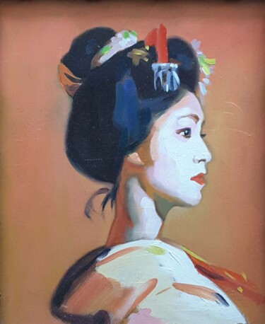 Painting titled "LA GIAPPONESINA" by Ruggero Zamponi, Original Artwork, Oil Mounted on Wood Stretcher frame