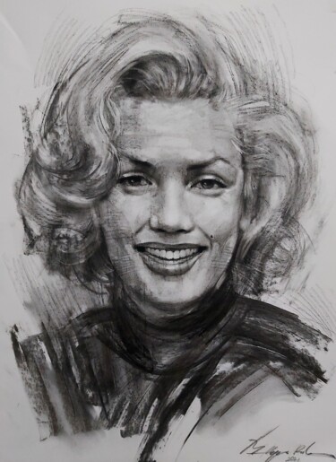 Drawing titled "MARILYN MONROE" by Muh Ilyas Ruhiyat Artist, Original Artwork, Charcoal