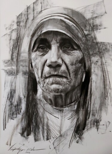 Drawing titled "Mother Teresa" by Muh Ilyas Ruhiyat Artist, Original Artwork, Charcoal