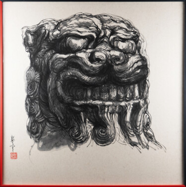 Ζωγραφική με τίτλο "lion" από Rui Wang, Αυθεντικά έργα τέχνης, Μελάνι Τοποθετήθηκε στο Αλουμίνιο