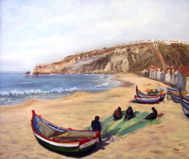 Painting titled "Barcos de Pesca-Naz…" by Rui Albuquerque, Original Artwork, Oil