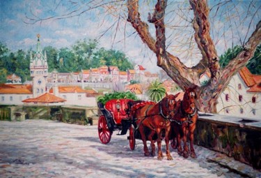 Painting titled "Charrete de Sintra-…" by Rui Albuquerque, Original Artwork, Oil
