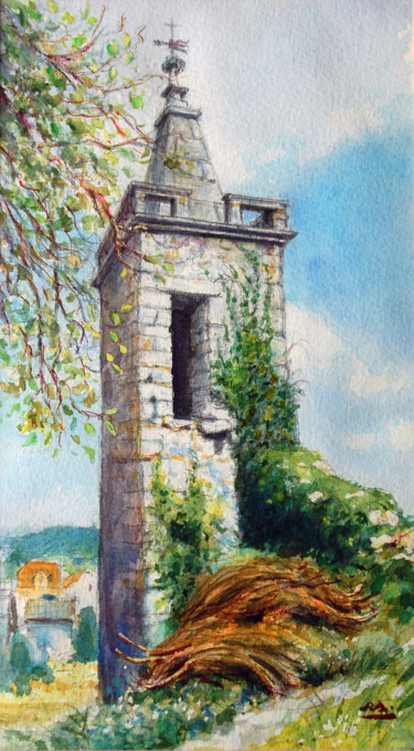 Painting titled "Torre Sineira - Ruí…" by Rui Albuquerque, Original Artwork, Watercolor