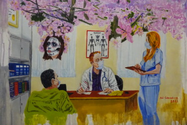 Painting titled ""CONSULTA MÉDICA"" by Rui Carreira, Original Artwork, Oil Mounted on Wood Stretcher frame