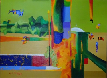 Painting titled ""CORETO E FEIRA"" by Rui Carreira, Original Artwork, Oil Mounted on Wood Stretcher frame