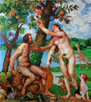 Pintura intitulada "Adán y Eva en el pa…" por Ruiz De Azúa Juan Carlos, Obras de arte originais, Óleo