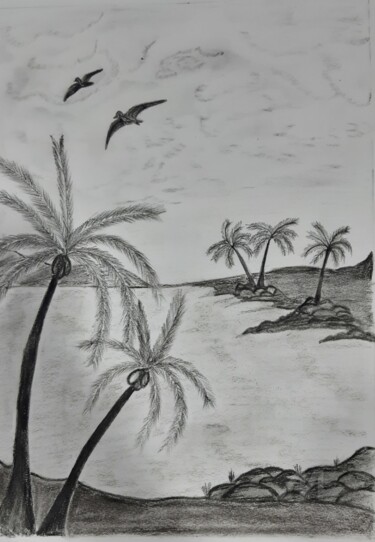 Painting titled "calm beach" by Aviatorsam, Original Artwork, Charcoal
