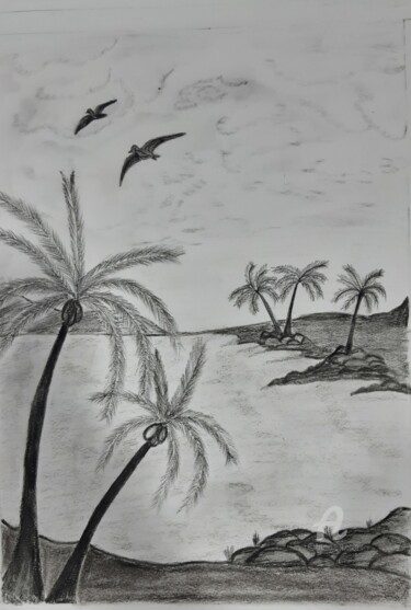 Painting titled "calm beach" by Aviatorsam, Original Artwork, Charcoal